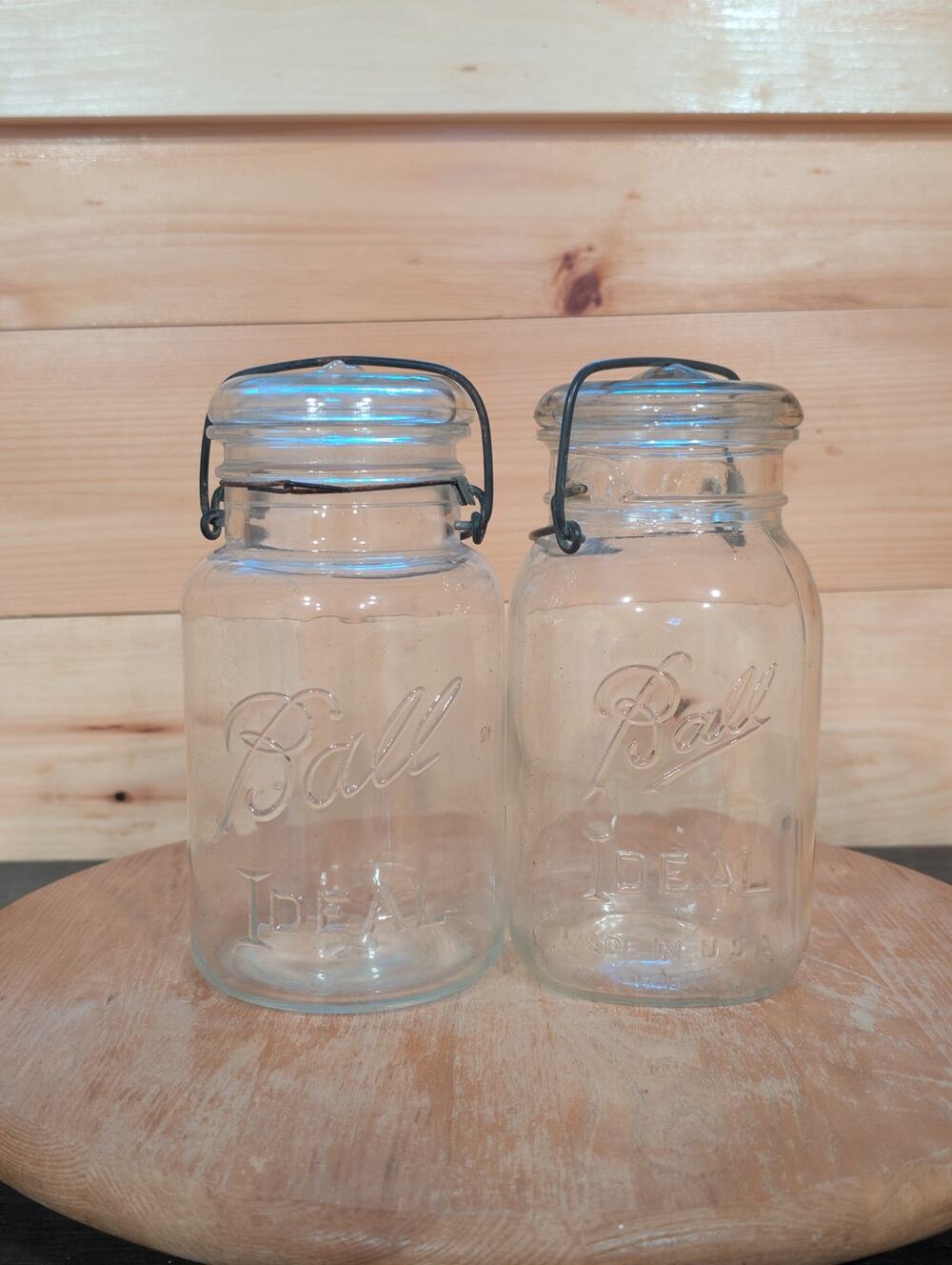 Vintage Ball Ideal Canning Jars Pair 1 Quart Wire Bail Glass Lids USA